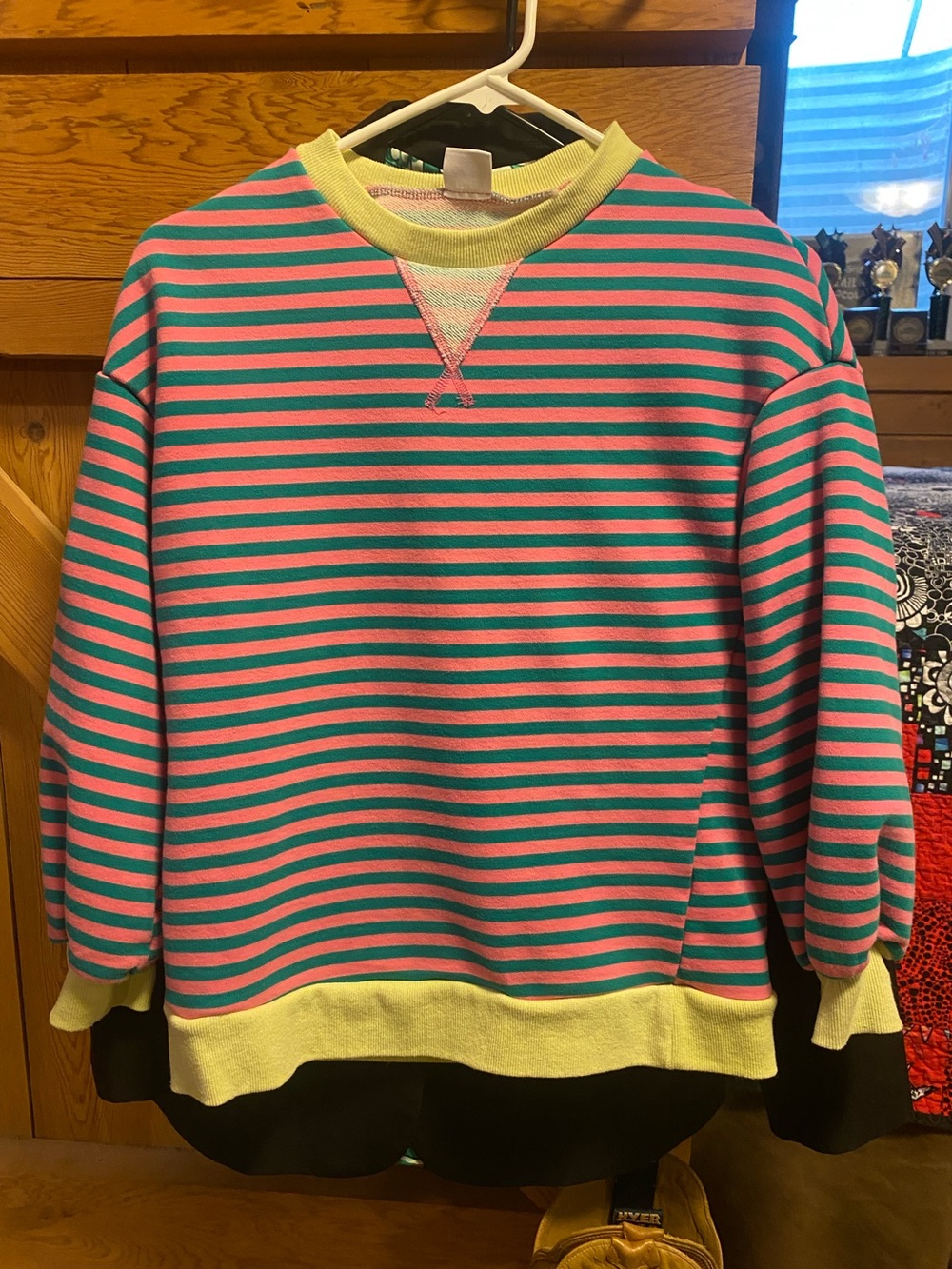 Striped Pink & Green Crewneck Sweater with Yellow Trim